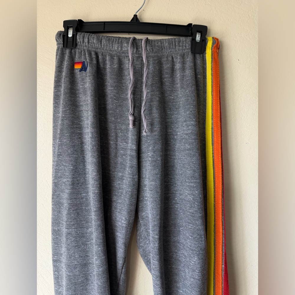 Aviator nation 5 stripe sweatpants S yellow orange red pink purple stripe grey
